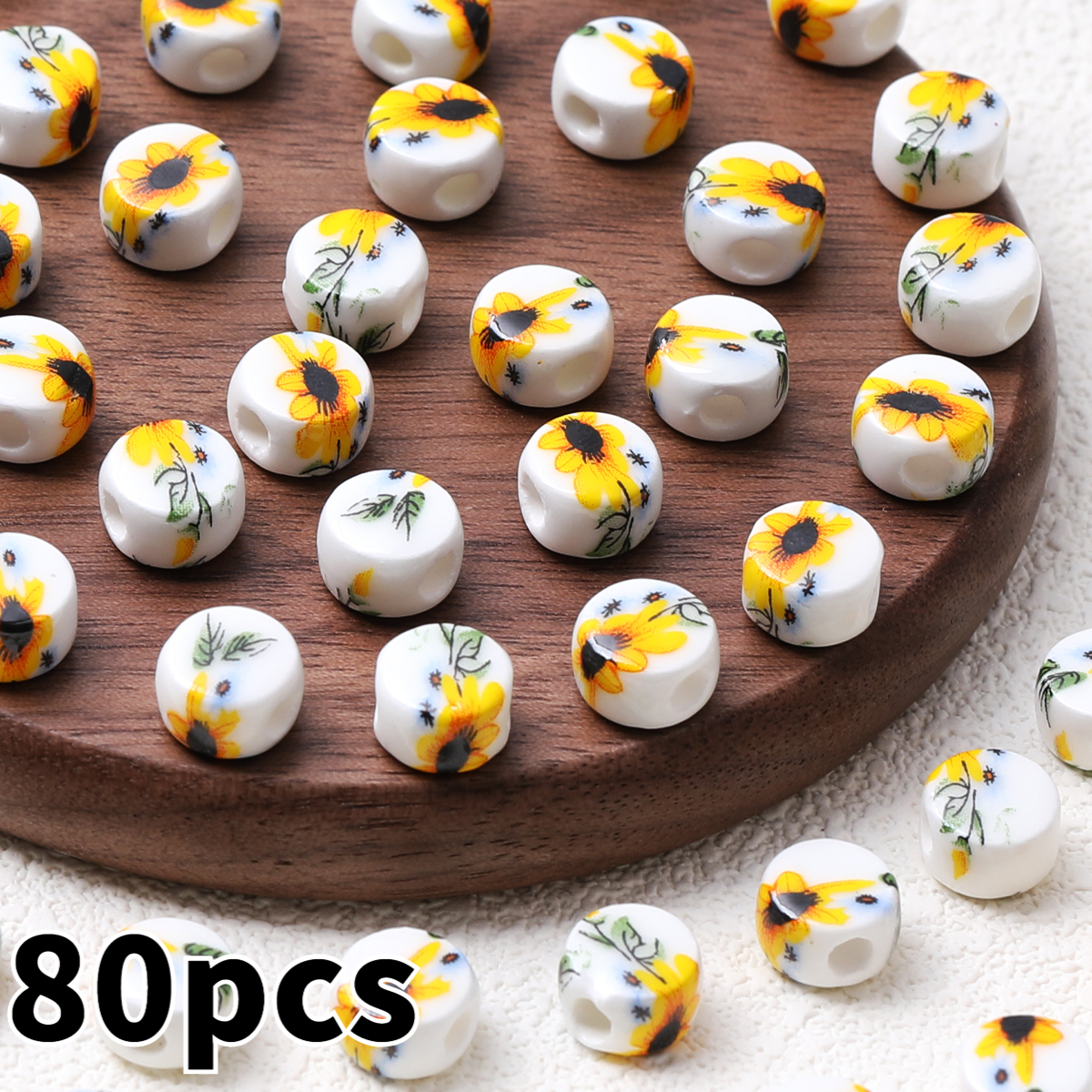 20pcs Random Color Flat Round Printed Flower Ceramic Beads